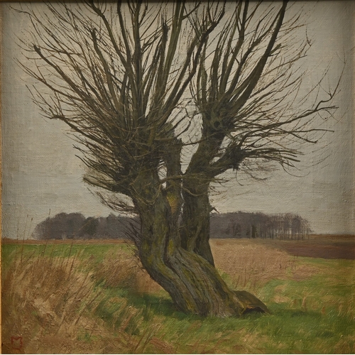 639 - Modern British Artist, mid-20th century - Pollarded Tree, monogrammed MJ, oil on panel, 33 x 33cm... 