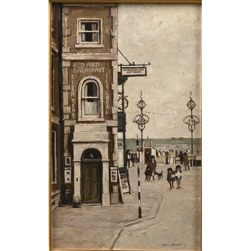 651 - Peter Brannan (1926 - 1994) - Seaside Boarding House, signed and dated 77, titled labels verso, oil ... 