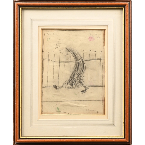 666 - After Lowry - Solitary Figure by Iron Railings, in profile, bears signature, mixed media on paper, 2... 
