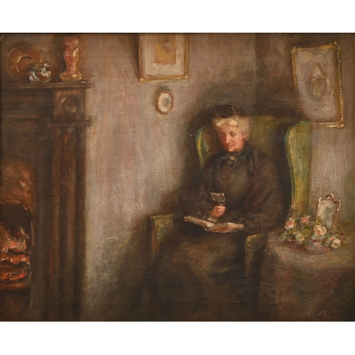 685 - Arthur Hacker (1858-1919) - Reading by the Fireside, signed verso, oil on canvas, 38 x 46cm... 
