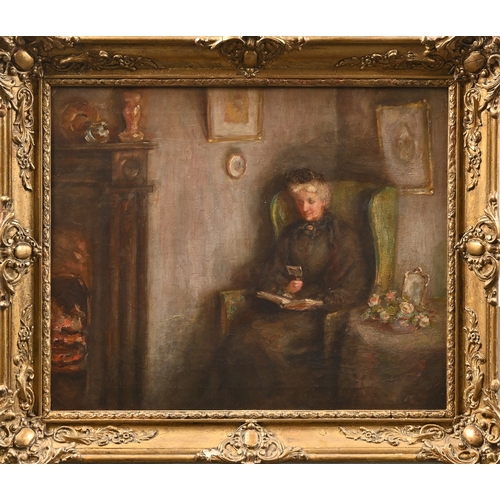 685 - Arthur Hacker (1858-1919) - Reading by the Fireside, signed verso, oil on canvas, 38 x 46cm... 