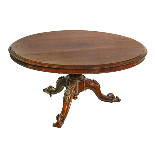 752 - A Victorian rosewood breakfast table, on carved pillar and legs, brass castors, 72 x 135cm... 