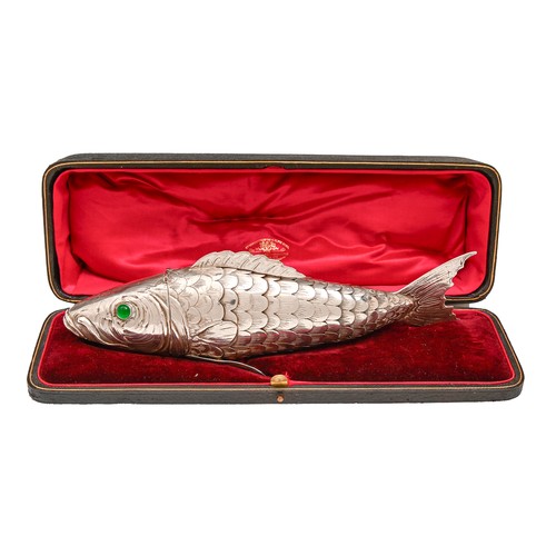 219 - A German silver articulated fish box, with green glass eyes, 24cm l, by Ludwig Neresheimer of Hanau,... 