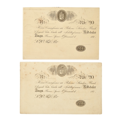 539 - Paper money. Sweden, Riksens Standers Bank, 20 riksdaler 182- and 183-, both engraved, two, one wate... 