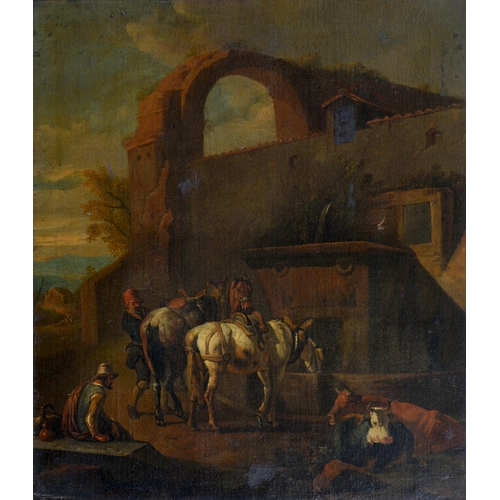 631 - Dutch School, 18th c - Peasants and their Animals Resting at a Fountain in a Southern Landscape, oil... 
