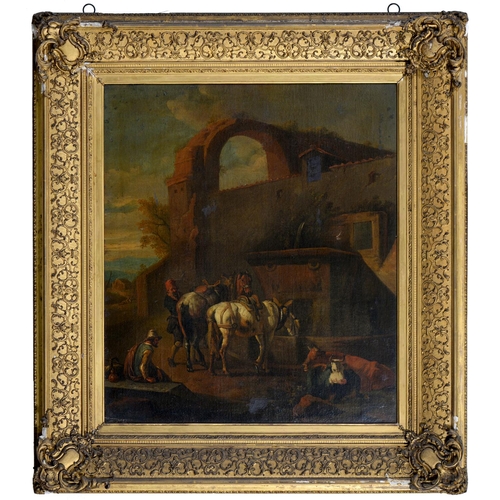 631 - Dutch School, 18th c - Peasants and their Animals Resting at a Fountain in a Southern Landscape, oil... 