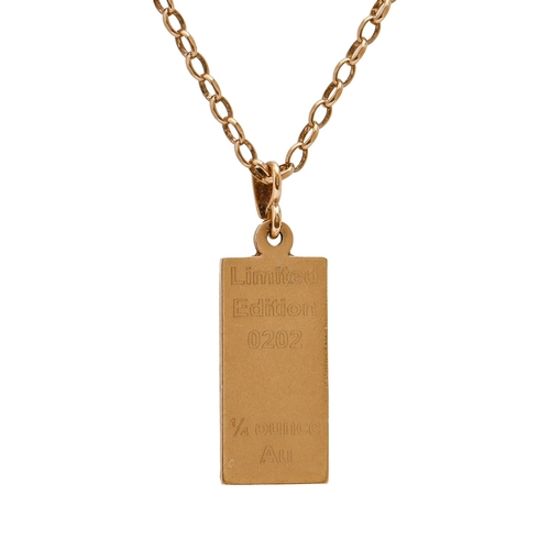 13 - A 9ct gold pendant, 12 x 25mm, Birmingham 2000, on 9ct gold chain, 12.7g