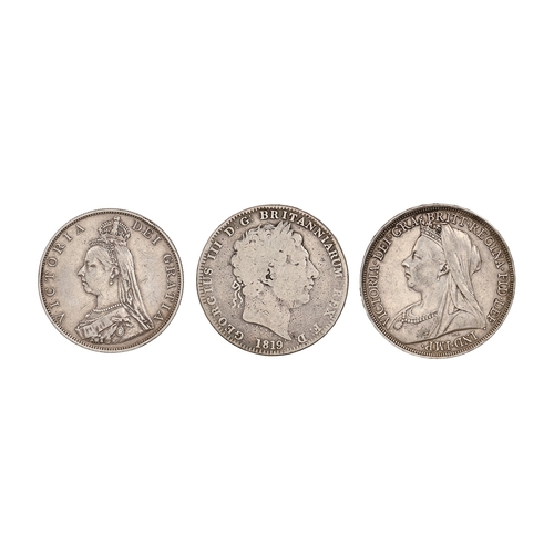 245 - Coins. Double Florin 1887, VF; Crown 1819, fair, 1897 LX VF+ (3)