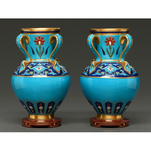 300 - A pair of Minton aesthetic porcelain vases, attributed to Christopher Dresser, c1870, with four stra... 