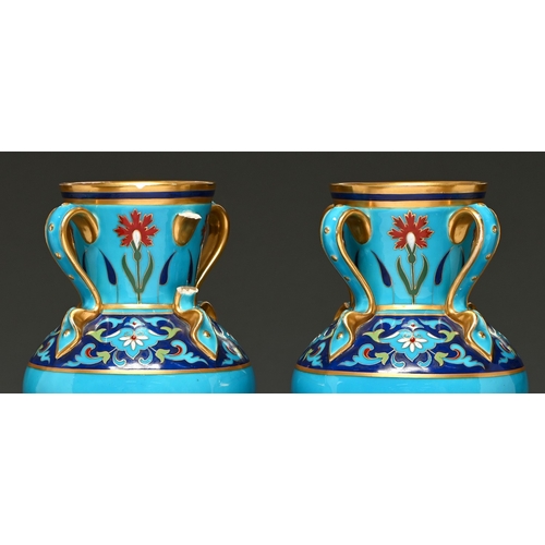 300 - A pair of Minton aesthetic porcelain vases, attributed to Christopher Dresser, c1870, with four stra... 
