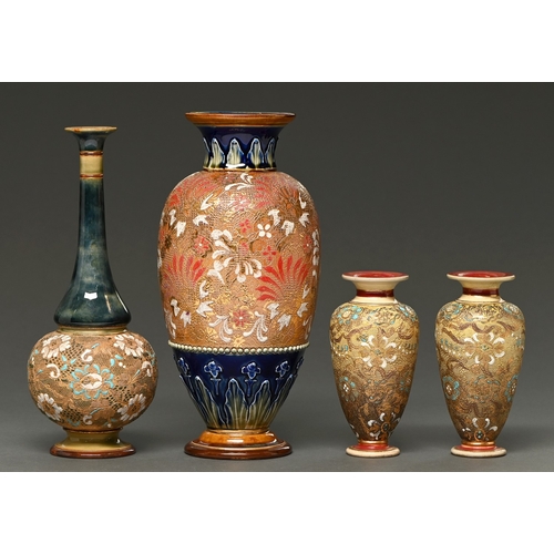304 - A pair of Doulton Lambeth Chin&eacute; ware vases and two others, c1900, 29.5cm h and smaller, impre... 