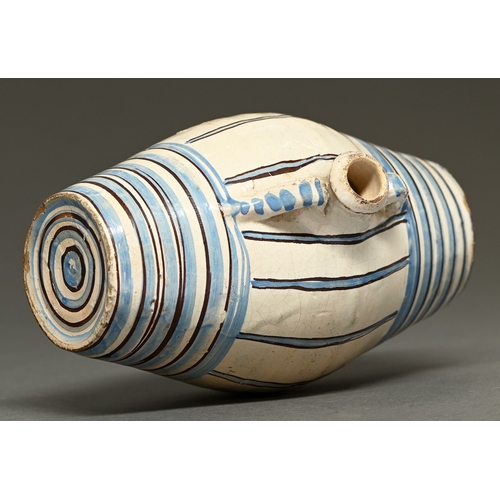 309 - A French faience cask or tonnelet (costrel), mid-18th c, decorated with blue and manganese bands, th... 
