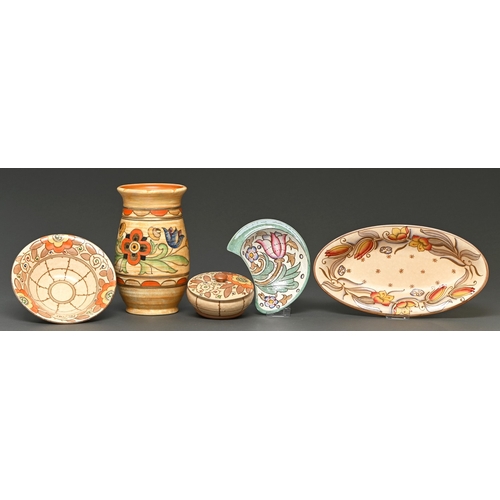 314 - Charlotte Rhead. A Crown Ducal vase, three Bursley Ware dishes and a H J Wood Arabesque pot and cove... 
