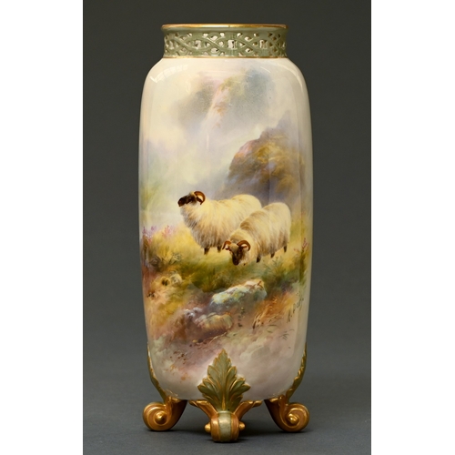 323 - A Royal Worcester vase, 1911, with reticulated neck and four scroll feet, painted by Harry Davis, si... 