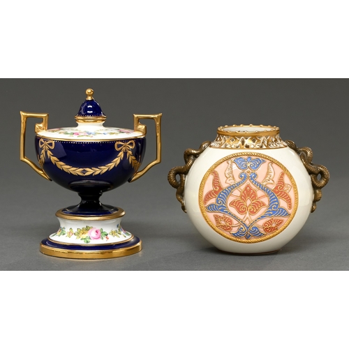 325 - A Grainger's Worcester globular vase, c1890, with reticulated rim and bronzed snake handles, both si... 