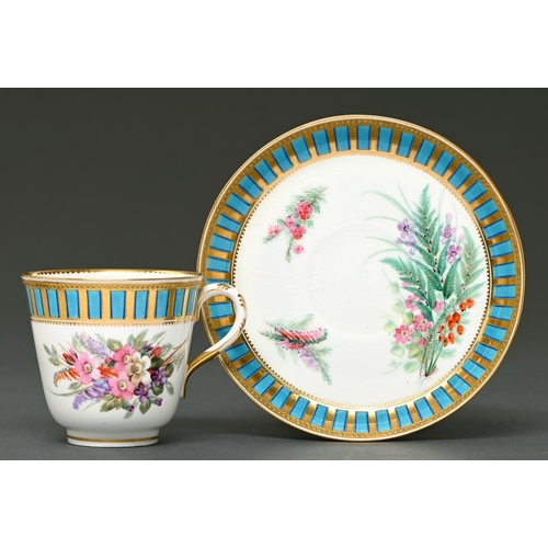 326 - A Royal Worcester teacup and saucer, c1875, painted with wild flowers and leaves in a gilded and ble... 