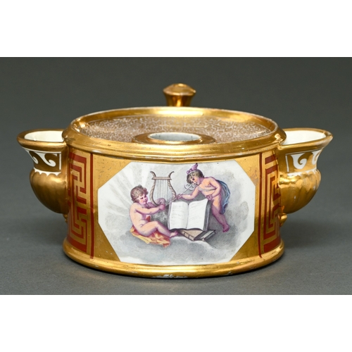 330 - A Coalport inkwell, c1800, with a taper holder, painted with Apollo and Mercury as putto reserved on... 