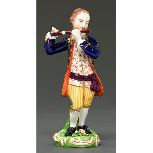 335 - A Derby figure of a boy with a pipe, c1825, 14.5cm h, painted red crown, crossed batons and D... 