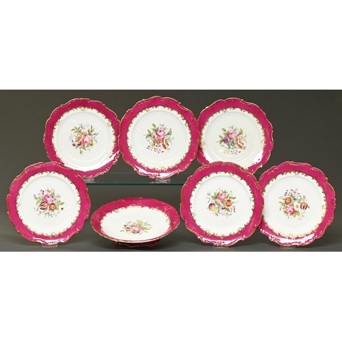 336 - A Coalport dessert service, c1870, printed and painted with loose bouquet reserved in a gilt magenta... 