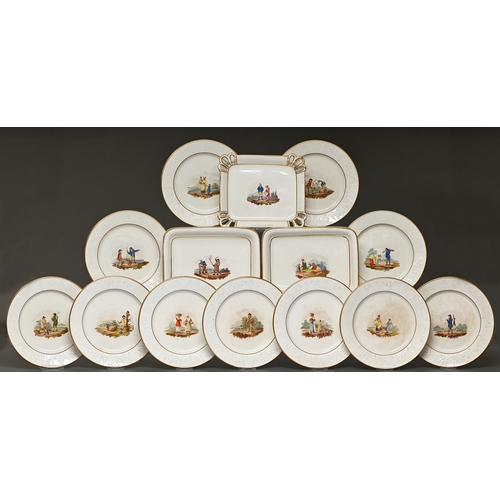 337 - An English moulded earthenware dessert service, c1810, painted with scenes of rural life, dish 24.5c... 