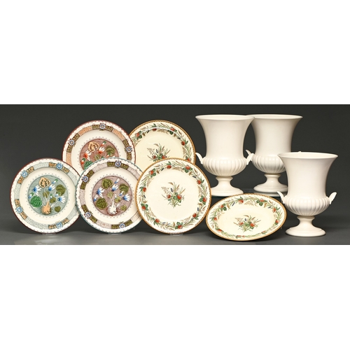 340 - Two sets of three Wedgwood creamware Clover and A Dürer pattern plates, c1880, transfer printed and ... 