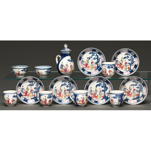 343 - A Chinese export famille rose tea service, c1770, painted in underglaze blue and enamelled with wome... 