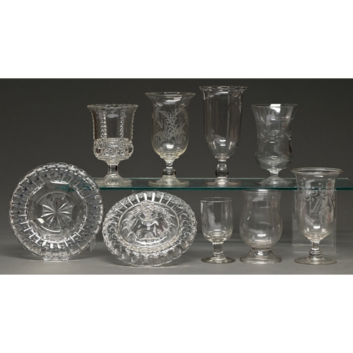 344 - A Victorian cut and faceted glass dish, cover and stand, 17cm h, and six contemporary glass celery g... 