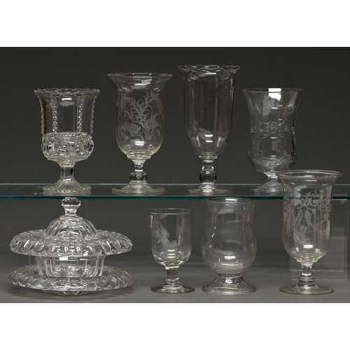 344 - A Victorian cut and faceted glass dish, cover and stand, 17cm h, and six contemporary glass celery g... 