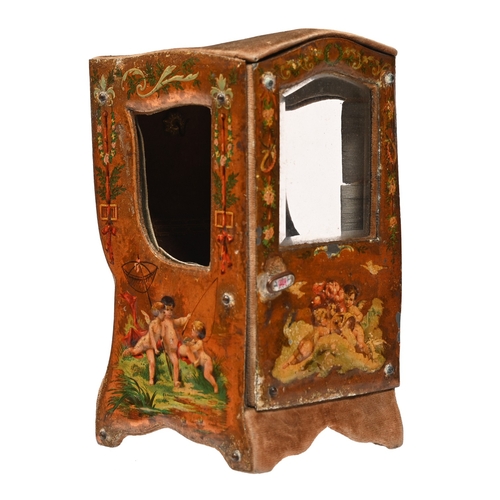 424 - A French novelty watch stand in the form of a sedan chair, c1900, the lacquered tin panels decorated... 