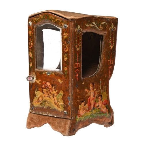 424 - A French novelty watch stand in the form of a sedan chair, c1900, the lacquered tin panels decorated... 