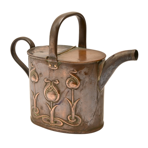 455 - An English Art Nouveau stamped copper watering can, Joseph Sankey & Sons, Bilston, c1900, 24cm h... 