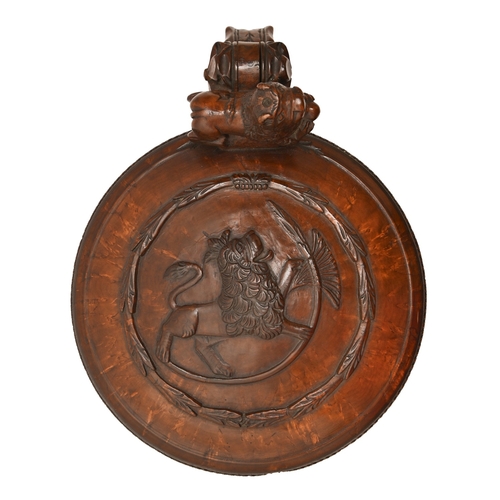 457 - A Norwegian burr birch peg tankard, dated 1780, of fine colour and patina, with carved lion lid, thu... 