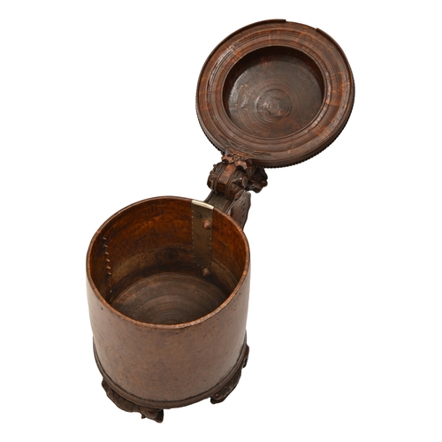 457 - A Norwegian burr birch peg tankard, dated 1780, of fine colour and patina, with carved lion lid, thu... 