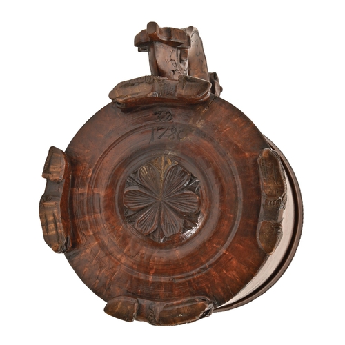 457 - A Norwegian burr birch peg tankard, dated 1780, of fine colour and patina, with carved lion lid, thu... 