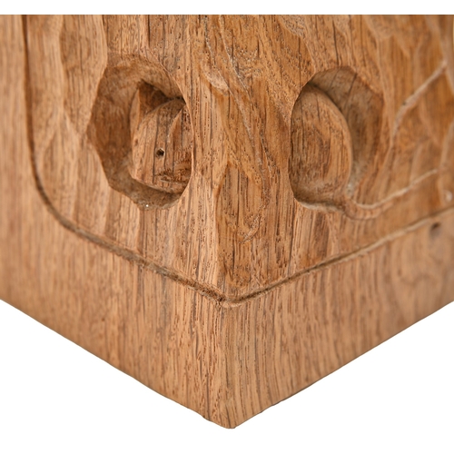 458 - A pair of Robert 'Mouseman' Thompson bookends, c1980, of adzed and carved oak, with three mice, one ... 