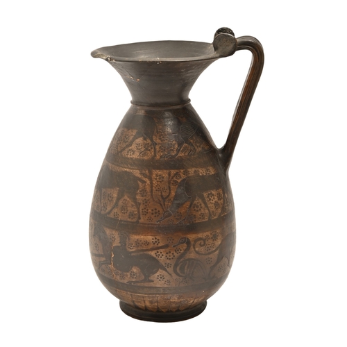 459 - Antiquities. An Eastern Mediterranean terracotta olpe, 600 BC, with three bands of black-figure deco... 