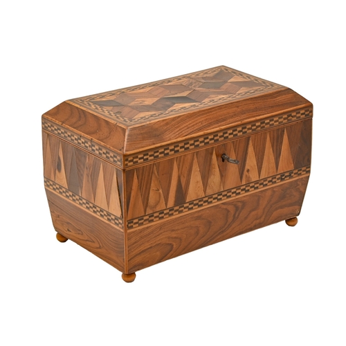 465 - A Victorian Tunbridge ware cube parquetry tea chest, the divided interior retaining the matching cov... 