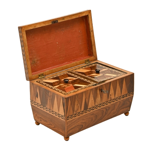 465 - A Victorian Tunbridge ware cube parquetry tea chest, the divided interior retaining the matching cov... 