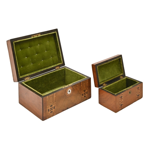 467 - A Victorian walnut and coloured straw work box, with mother-of-pearl escutcheon, 13cm h; 18 x 25cm a... 