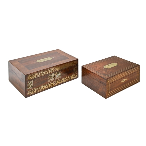 468 - A Victorian cut brass inlaid mahogany writing box, with fitted interior, the flush brass handle cres... 