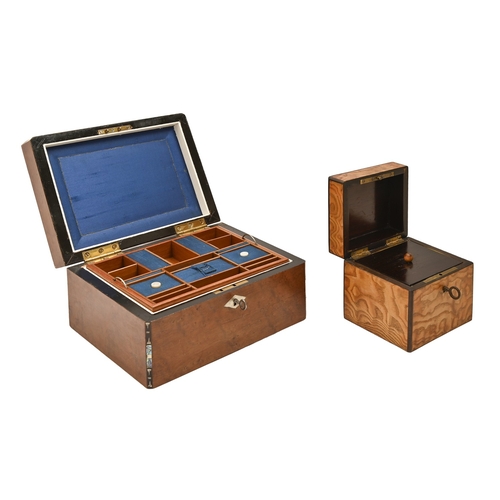 469 - A French spalted ash, ebony, kingwood and mother-of-pearl inlaid tea chest, 19th c, with cover, 12cm... 