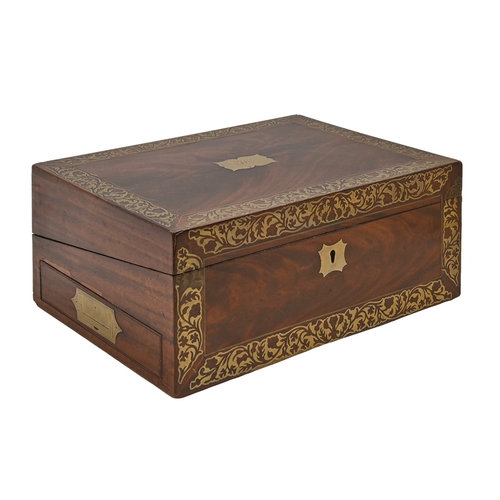 470 - A Victorian brass inlaid mahogany writing box, with scrolling roses, thistles and clovers, with fitt... 