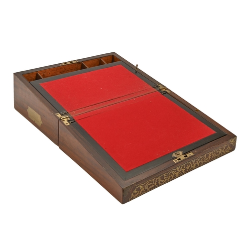 470 - A Victorian brass inlaid mahogany writing box, with scrolling roses, thistles and clovers, with fitt... 