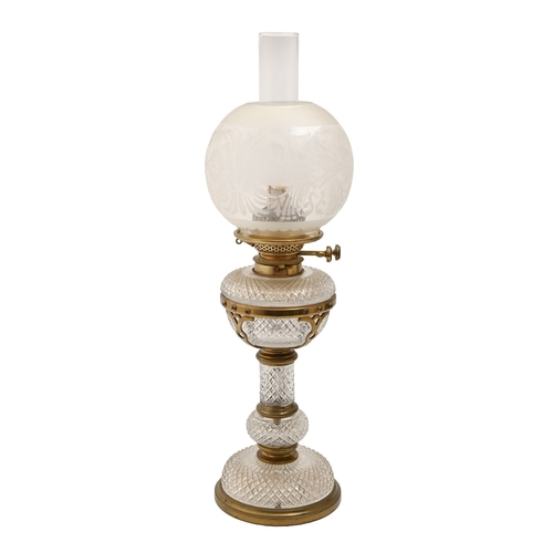 475 - A Victorian brass mounted cut glass oil lamp, attributable to F & C Osler, the base with silvere... 