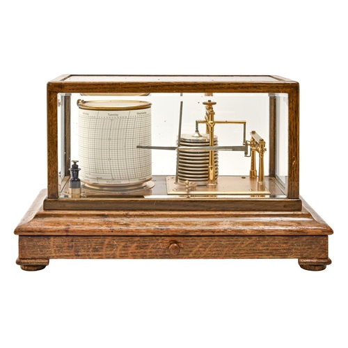 481 - An oak barograph, early 20th c, with frosted gilt brass mechanism and plated diaphragm, bevelled gla... 