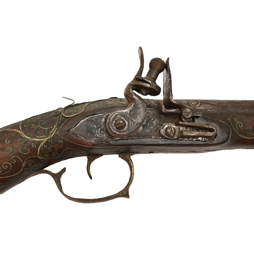 483 - An Ottoman brass wire and mother-of-pearl inlaid flintlock holster pistol, 19th c, with cast brass r... 