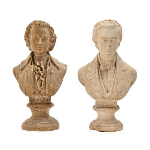 485 - A pair of plaster busts of Mozart and Chopin, 20th c, 23cm h