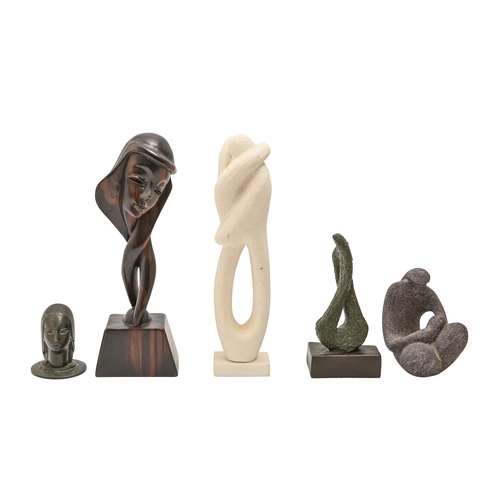 493 - An African hardwood carving of the head of a woman, 32cm h, a bronze statue of the head of a woman w... 