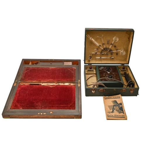 518 - A Victorian brass mounted rosewood writing slope, 50cm w and a Holo-Electron electrotherapy machine,... 