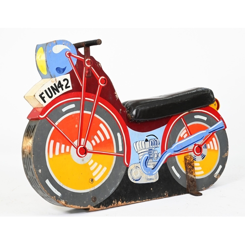 529 - A Vintage fairground painted wood carousel motorcycle, c1970, padded seat, 83 x 115cm... 